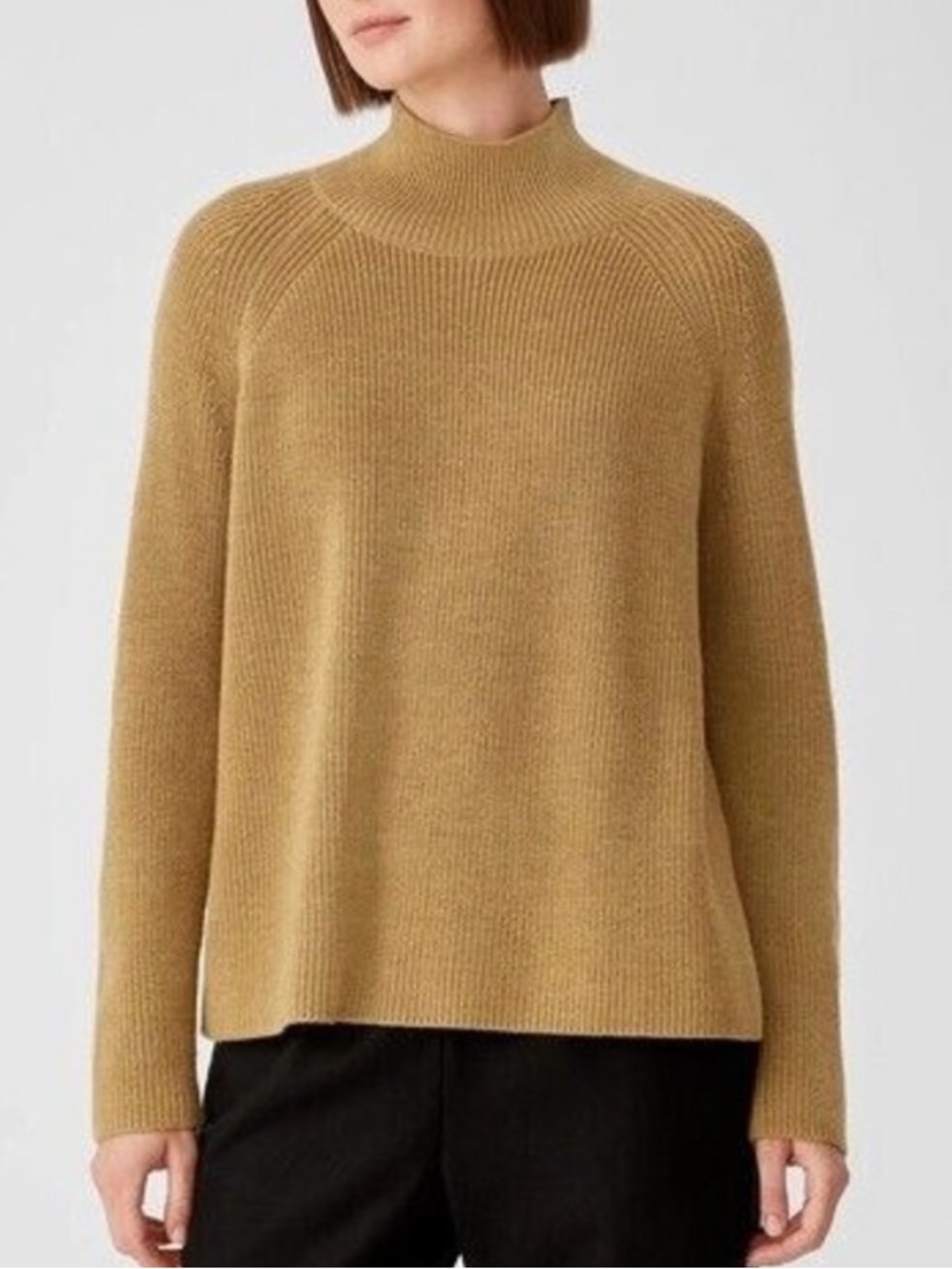 Eileen Fisher Extra Fine Merino Wool Raglan Mock Neck Sweater In Haystack L